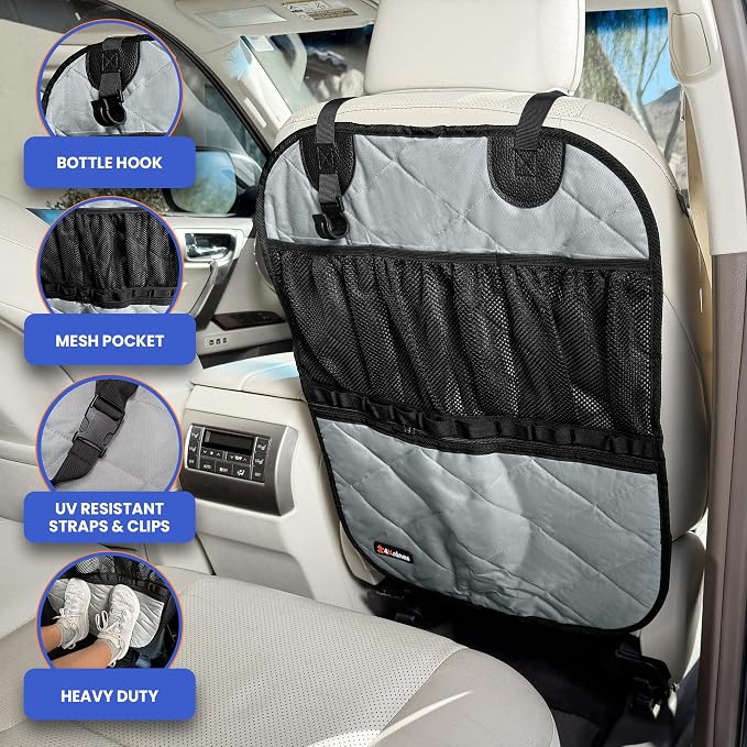 4Knines Car Seat Back Organizer – Heavy-Duty Kick Mat w/Mesh Storage Pockets, Bottle Hook – UV-Resistant Hardware – Waterproof Backseat Organizer for Kids & Pets – Fits SUVs, Trucks, Cars – Grey