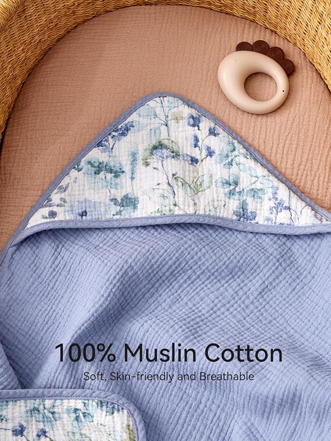 TILLYOU Muslin Hooded Baby Towels for Newborn 2 Pack, 32x32Inch Soft Baby Bath Towel Highly Absorbent for Newborn and Infant, Essential for Newborn Care, Blue Flower