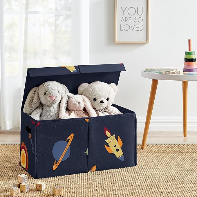 Sweet Jojo Designs Space Galaxy Planets Boy Small Fabric Toy Bin Storage Box Chest For Baby Nursery or Kids Room - Navy Blue Star and Moon Rocket Ship