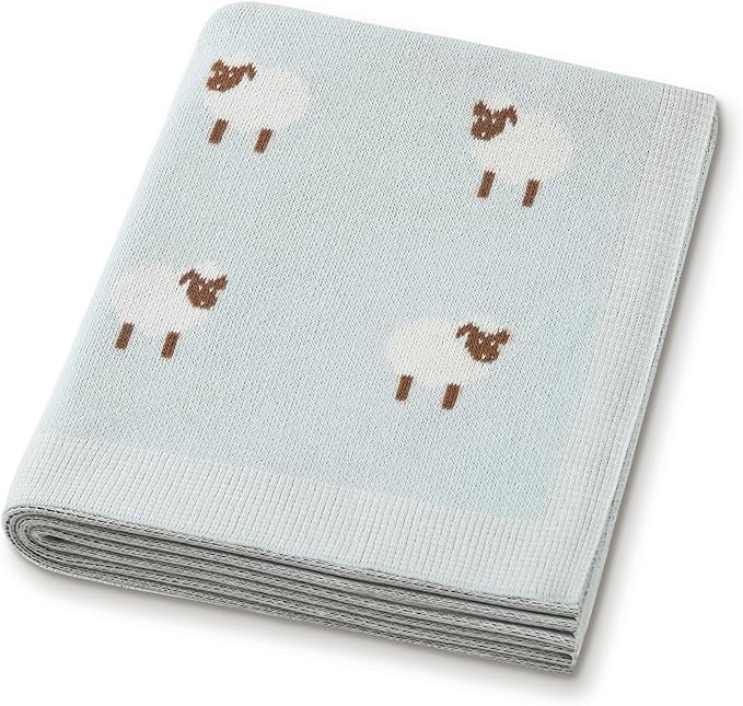 Organic Cotton Baby Blanket - Soft Luxury Knit Receiving Blanket for Newborns & Toddlers, Cozy Breathable Stroller Blanket with Pattern, Unisex, 30x40Inch（Sheep-Blue）