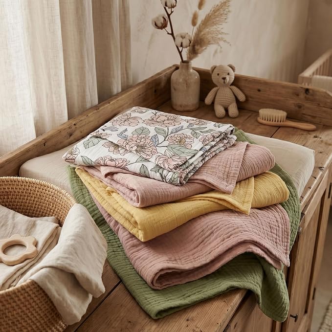 Muslin Receiving Blankets, Neutral Blanket Swaddling for Newborn Boys and Girls, 5 Pack Breathable and Skin-Friendly Swaddle Wrap for Infant Baby (Pink Flower)