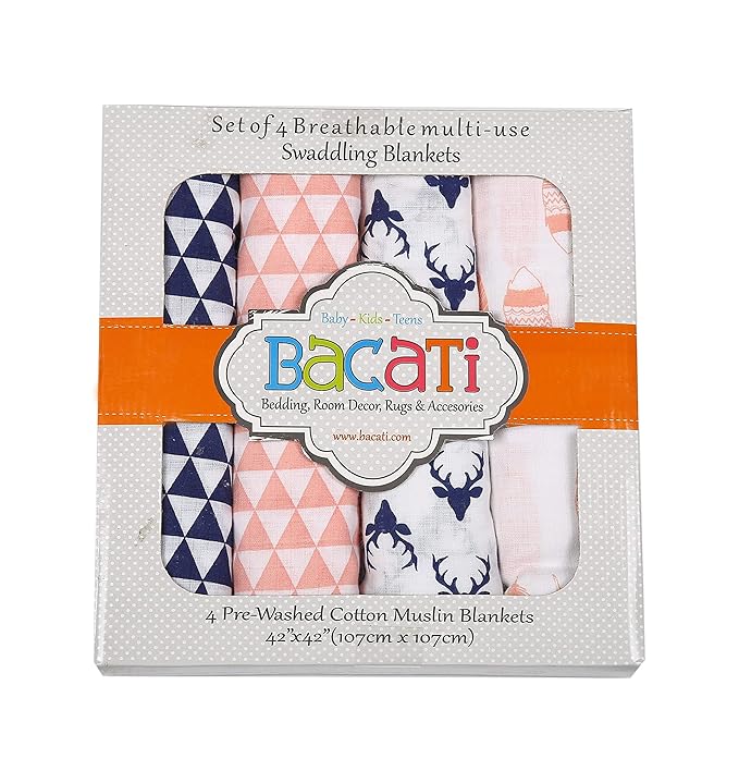 Bacati Olivia Tribal Buck/Feathers/Triangles 4 Piece Cotton Muslin Swaddling Blankets, Navy