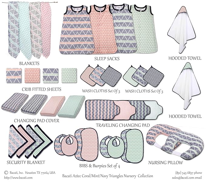 Bacati Emma Aztec Triangles 4 Piece Cotton Muslin Swaddling Blankets, Mint