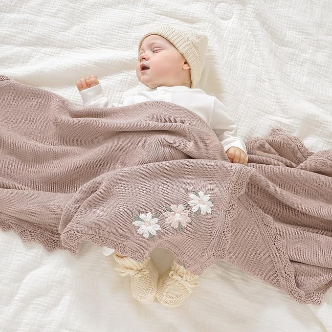 LAWKUL Baby Blanket 100% Traceable Cotton Knit Receiving Blankets Crib Blanket for Newborn Boy Girls 40"x30" White Floral