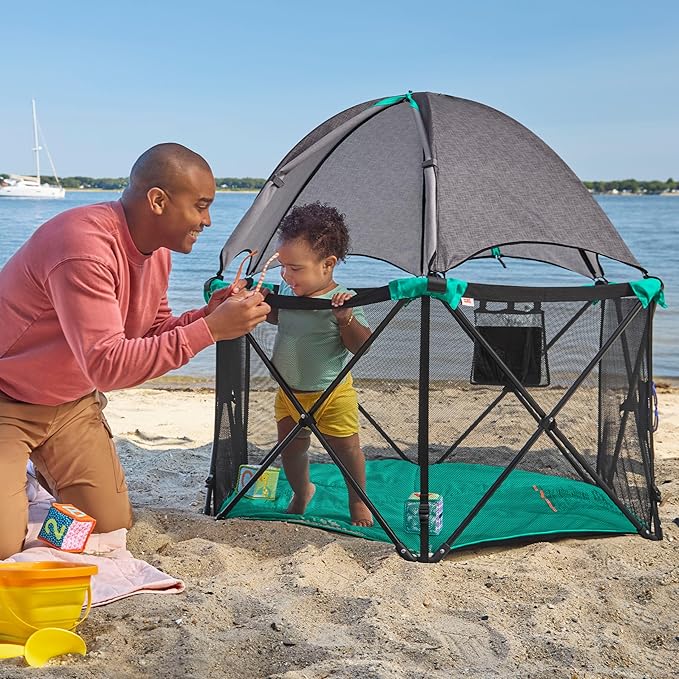 Summer Infant Pop ?˜N Play Deluxe Ultimate Playard, Aqua Splash - Full Coverage Indoor/Outdoor Portable Play Pen with Fast, Easy and Compact Fold