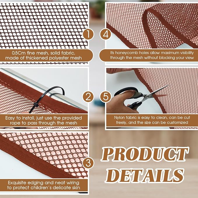 Hosuly Banister Guard 30 x 3 ft Balcony Netting for Kids Pets Stairway Safety Net Baby Fence Door Balcony Netting Safety Mesh Stair Net with No Drilling for Apartment Railing(Brown)
