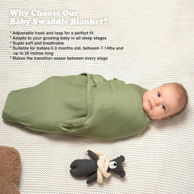 Swaddles for Newborns – 3-Pack Infant Swaddles 0-3 Months – Adjustable Swaddle Sleep Sack – Soft Organic Cotton Baby Wrap for Safe & Cozy Sleep (Green Leaf)