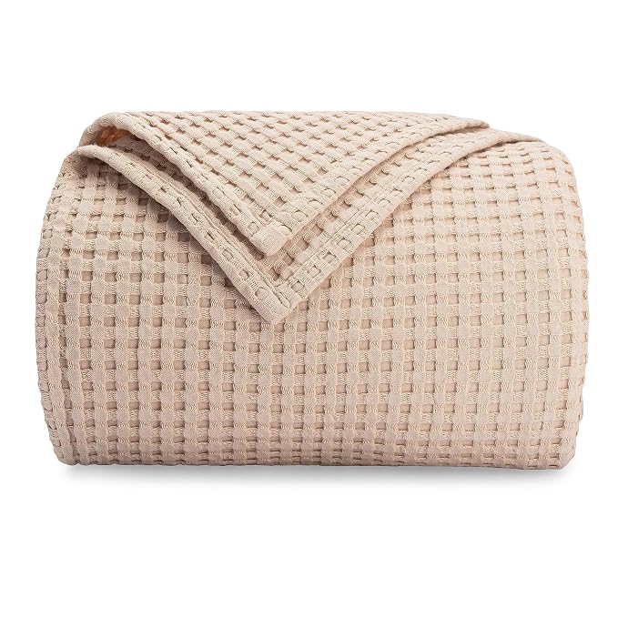 Comfy Cubs Waffle Blanket Queen, 90" x 90" - 100% Cotton Lightweight Breathable Bed Blanket - Soft Textured Thermal Weave for All Seasons – Decorative Cozy Layer for Couch, Sofa, or Bed - Blush