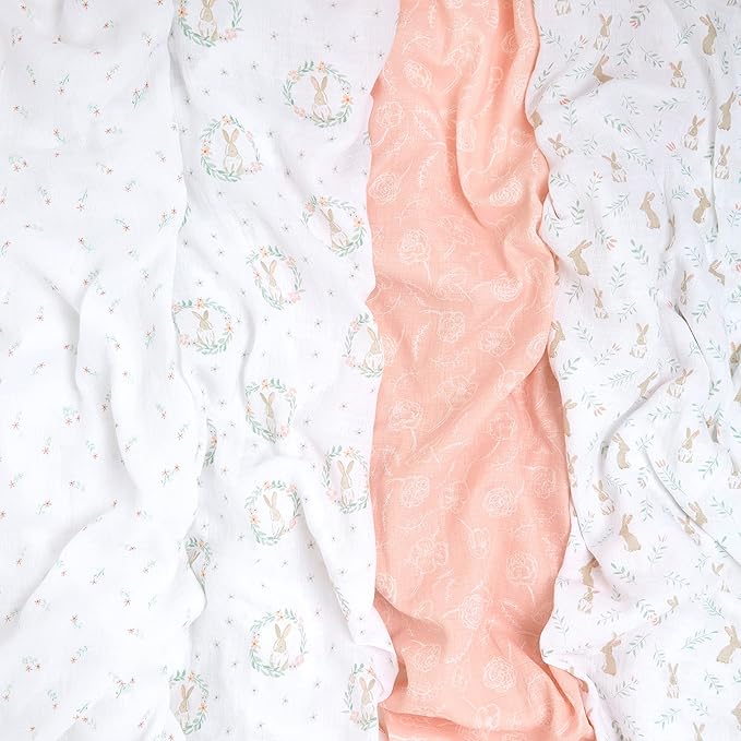 aden + anais Essentials Muslin Swaddle Blankets for Baby Girls and Boys, Newborn Receiving Blanket for Swaddling, 100% Cotton Baby Swaddle Wrap, 4 Pack, Blushing Bunnies
