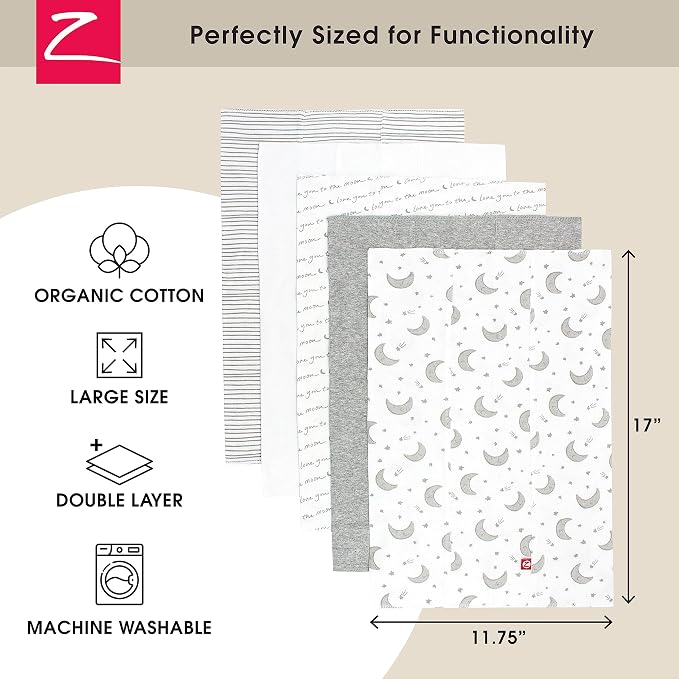 Zutto 5-Pack Organic Burp Cloths for Baby Girl & Boy, Large Cotton Burping Cloths for Babies | Absorbent Baby Spit-Up Rags | Gender Neutral Burp Clothes | Newborn Essentials, Love You to The Moon