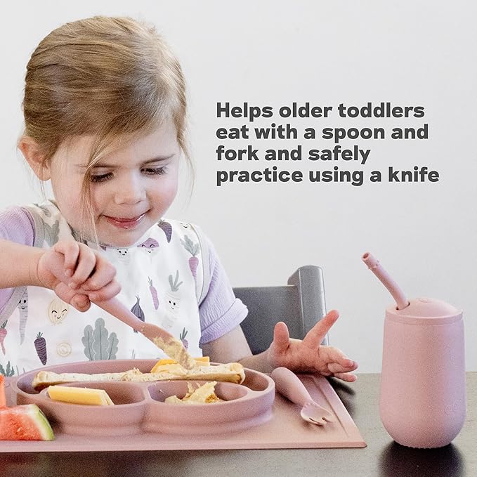 ezpz Developmental Utensil Set (Blush) - 100% BPA Free Fork, Spoon, Knife for Babies, Toddlers and Preschool - First Foods + Self-Feeding - Designed by a Pediatric Feeding Specialist