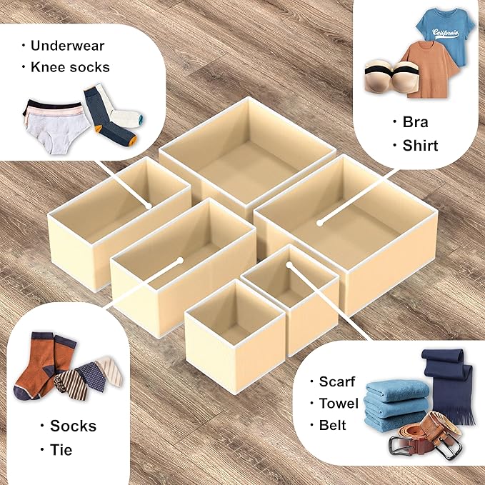 Simple Houseware Foldable Drawer Organizer Set of 12, Beige ??Fabric Storage Bins for Clothes, Underwear, Bra, Panty, Socks, Onesies ??Closet & Dresser Drawer Dividers for Home Organization
