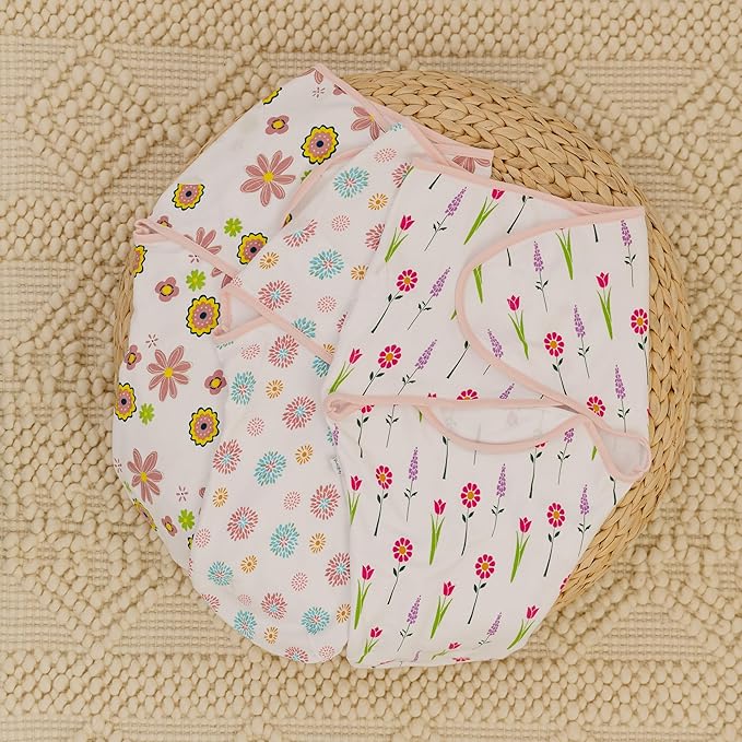 Ouch Baby Cotton Swaddle Wrap | Improves Sleep & Calms Startle Response | 100% Knitted Cotton | Adjustable Velcro Swaddle for Newborn Boys & Girls | 0-3 Months | Pack of 3 (Floral Edition)