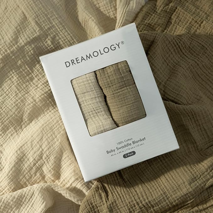 Dreamology Receiving Blanket,Muslin Swaddling Blankets for Newborn Boy,Girl,2 Pack,Soft & Breathable,100% Cotton Swaddle Blanket,Large Baby Swaddle Blanket,44 x 44 inches Muslin Blanket | Olive, Acru