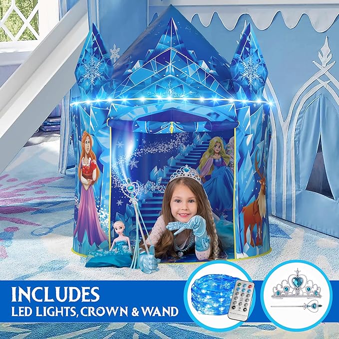 W&O Frozen Princess Tent for Girls with Magical Sound Button, LED Lights, Crown & Wand ??Indoor & Outdoor Frozen Tent for Girls Ages 3-7
