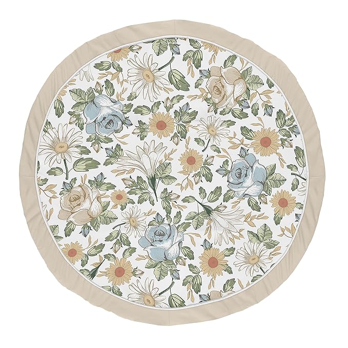 Sweet Jojo Designs Vintage Floral Blue Yellow Girl Baby Playmat Tummy Time Infant Play Mat - Slate Green Gold Orange Taupe Beige White Shabby Chic Rose Flower Boho Bohemian Farmhouse Roses Wildflower
