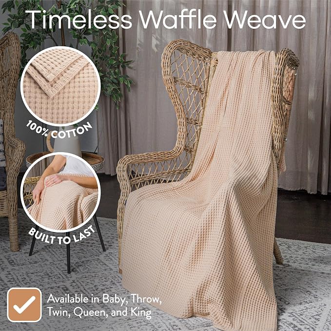 Comfy Cubs Waffle Blanket King, 108" x 90" - 100% Cotton Lightweight Breathable Bed Blanket - Soft Textured Thermal Weave for All Seasons – Decorative Cozy Layer for Couch, Sofa, or Bed - Blush