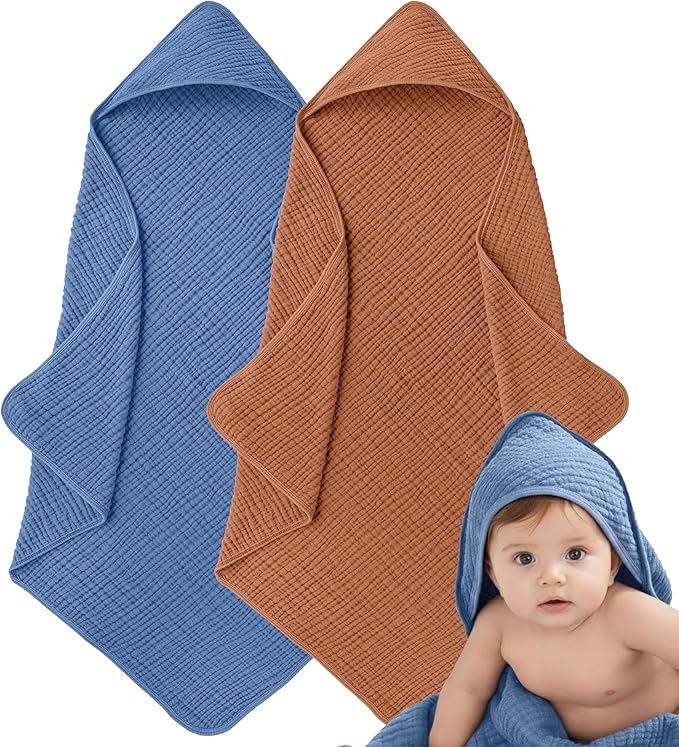Muslin Hooded Baby Towels for Newborns, 32"x32", 100% Cotton ??6 Layers Super Soft Absorbent Breathable, Baby Bath Towel, Toddler Bath Towel ??Pack of 2