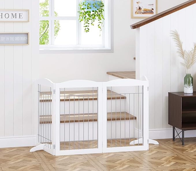 Spirich Free Standing Foldable Wire Pet Gate for Dogs, 80 Inches Extra Wide, 30 Inches Tall 4 Panels Dog Gate for The House, Doorway, Stairs, Pet Puppy Safety Fence, Sliver White