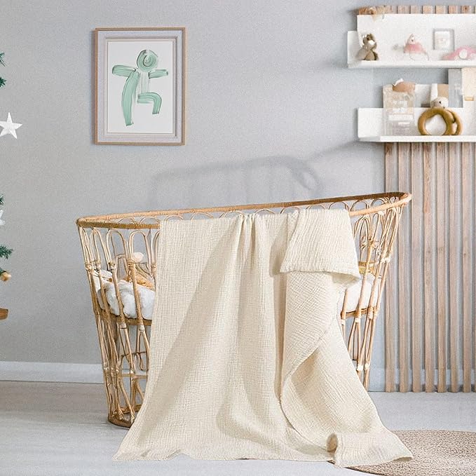 HB&Victory 4-Layer 100% Organic Cotton Muslin Baby Blanket, Ivory, 39x47 Inches (100x120 cm) ??Soft, Breathable, Hypoallergenic Swaddle for Newborns & Toddlers