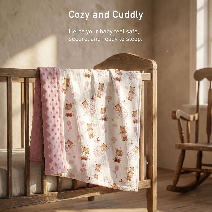 GLLQUEN BABY Blankets for Girls, Soft Muslin Cotton Front Dotted Fleece Backing, Nursery Minky Crib Blanket for Infant Toddler, 30 x 40 inches Throw Blanket, Pink Bear
