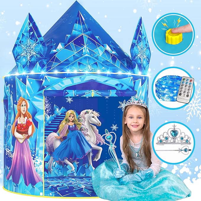 W&O Frozen Princess Tent for Girls with Magical Sound Button, LED Lights, Crown & Wand ??Indoor & Outdoor Frozen Tent for Girls Ages 3-7
