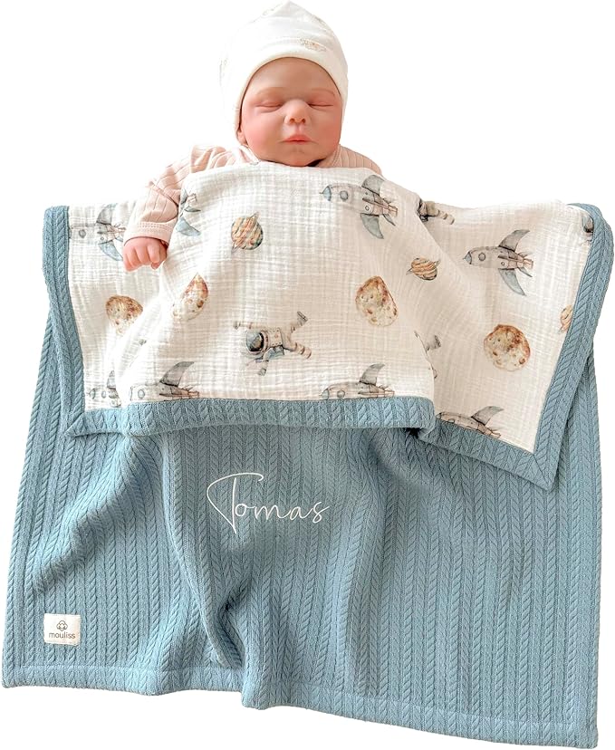 Mouliss Personalized Baby Blanket with Name ??Handmade 100% Organic Cotton Newborn Gift | Custom Knit Blanket for Boys, Girls, Kids & Baby Showers