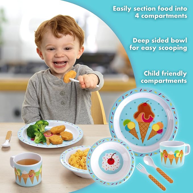 Bentology 5 Pc Mealtime Set for Kids - Ice Cream Theme - Includes Raised Edge Plate & Bowl, Cup, Fork & Spoon- Dishwasher Safe, BPA Free- Cute Durable Dish, Easy Self-Feeding- Gift for Toddlers