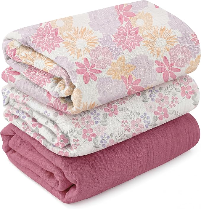 Muslin Swaddle Blankets for Newborns, 3-Pack Cotton Receiving Blankets, Large 40 x 38 inches, Breathable Soft Baby Blankets for Girls, Wrap Burp Cloths, Vintage Purple Floral