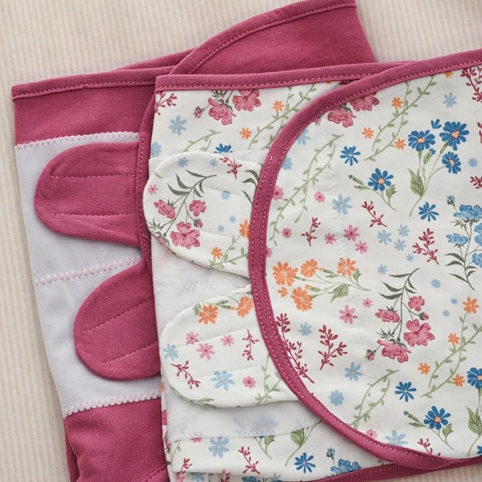 Baby Swaddles for Newborn Organic Cotton,Soft & Snug Newborn Velcro Swaddle 3-6 Months Sleep Sack Helps Calm Startle Reflex, 2-Pack Wrap Nursery Swaddling Blankets Country Floral