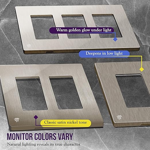 ENERLITES Elite Series Screwless Decorator Wall Plate Child Safe Outlet Cover, Gloss Finish, Size 3-Gang 4.68" H x 6.53" L, Unbreakable Polycarbonate Thermoplastic, SI8833-BNK, Brushed Nickel