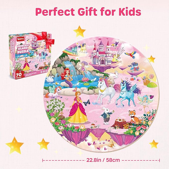 SYNARRY Unicorn Princess Mermaid Fairy Floor Puzzle for Kids Ages 3-5, Large 70 Piece Wooden Puzzle for Kids Ages 4-6, Preschool Toys Gifts for 3 4 5 6 7 8 Years Old Boys Girls Children