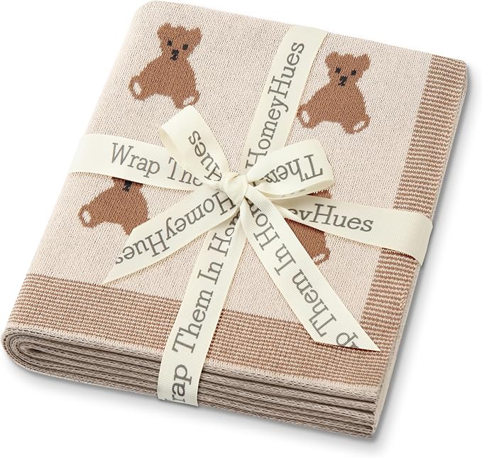 Organic Cotton Baby Blanket - Soft Luxury Knit Receiving Blanket for Newborns & Toddlers, Cozy Breathable Stroller Blanket with Pattern, Unisex, 30x40Inch（Bear-Khaki）