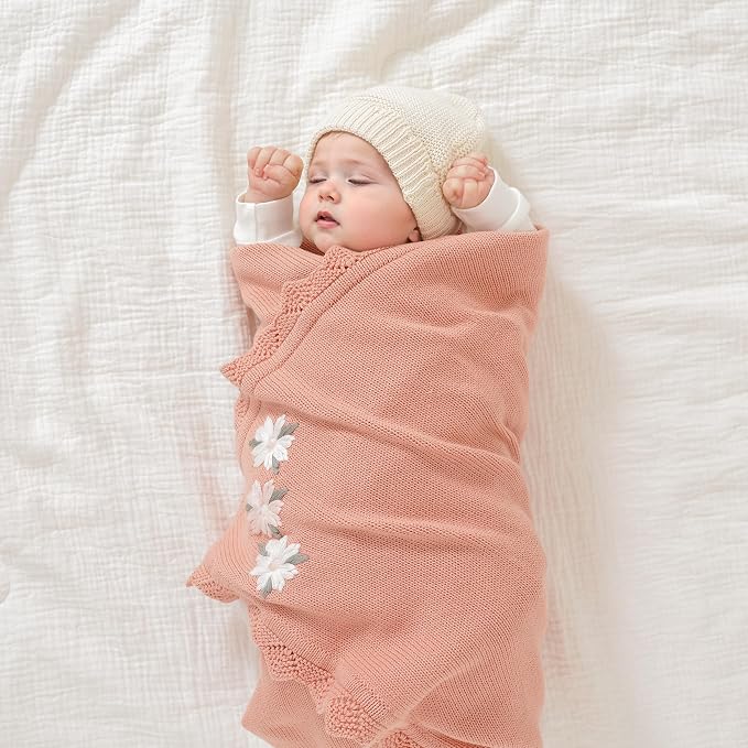 LAWKUL Baby Blanket 100% Traceable Cotton Knit Receiving Blankets Infant Swaddle for Newborn Boy Girls 40"x30" Pink Floral