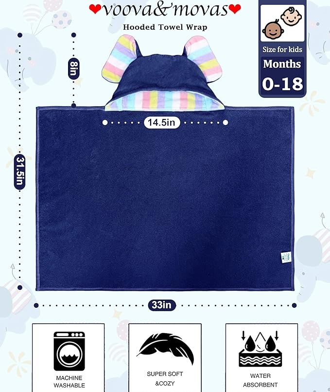 VOOVA & MOVAS Navy Baby Bath Towel with Cute Elephant Ears Hood ??Super Absorbent, 100% Cotton, 420GSM ??33" x 31.5", Pink ??Thick Towel for 0??8 Months ??Newborn, Toddler, Infant, Baby Essentials
