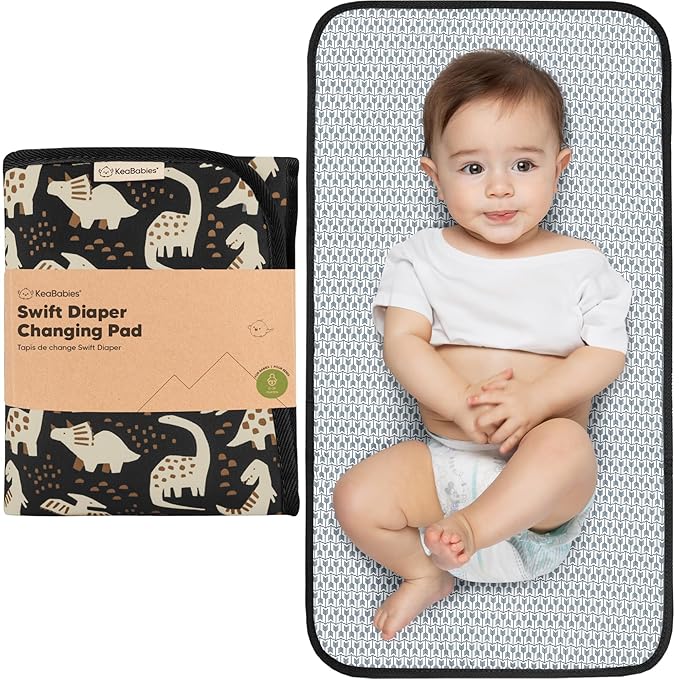 KeaBabies Portable Diaper Changing Pad, Easy Wipe Clean - Foldable Waterproof Baby Changing Mat for Diaper Bag, Compact, Lightweight, 25x13 Newborn, Infant, Baby Changer Travel Essential (Dino Ridge)