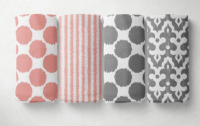 Bacati Ikat Coral/Grey Dots/Stripes Swaddling Muslin Blankets Set of 4