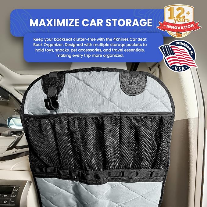 4Knines Car Seat Back Organizer – Heavy-Duty Kick Mat w/Mesh Storage Pockets, Bottle Hook – UV-Resistant Hardware – Waterproof Backseat Organizer for Kids & Pets – Fits SUVs, Trucks, Cars – Grey