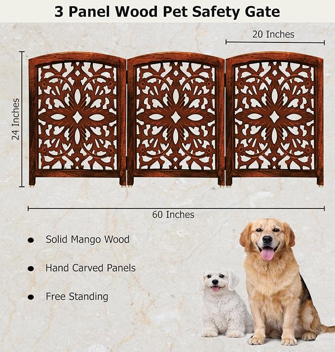 Croft&Cane Wooden Foldable Pet Dog Gate – Hand Carved 3-Panel Freestanding Dog Fence - 60 W x 24 H - Solid Wood & MDF Indoor Doorway Hallway Stairs Safety Barrier – Portable Puppy Gate - Walnut Brown