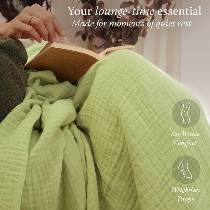 Threadmill Muslin Blanket for Twin Size Bed | 4-Layer Gauze Cotton Throw | Pre Washed, Soft, Breathable, and Lightweight for All Seasons | Ideal Summer Throw Blanket or Bed Blanket | Sage Green