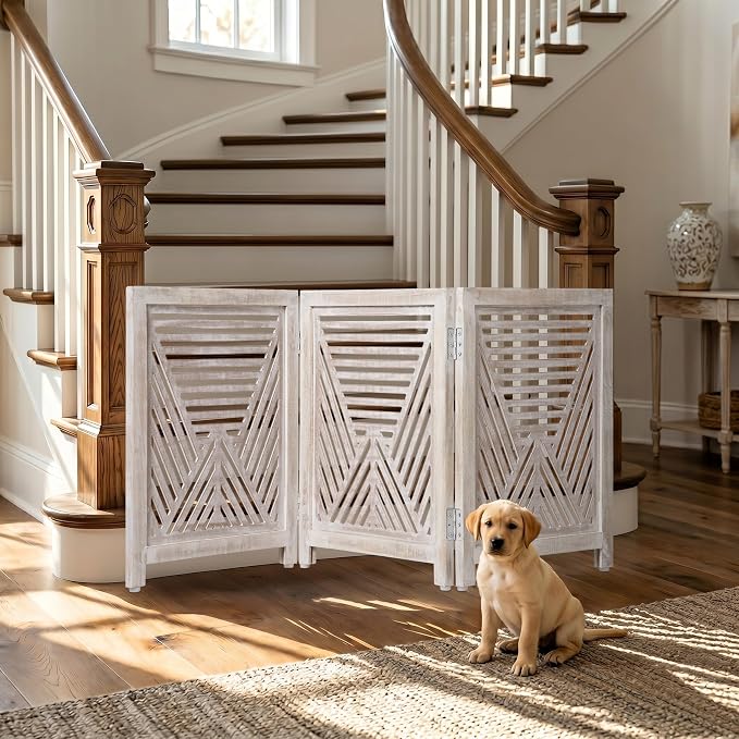 Lightnpro Geometric Wooden Dog Gate - Stylish Freestanding Foldable Indoor Pet Barrier, Extra-Wide Safety Gate for Dogs & Small Pets, Perfect for Stairs & Entryways - 24x54 Inch White Wash Finish