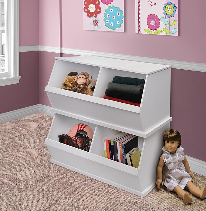 Badger Basket Two Bin Stackable Toy Storage Cubby Organizer ??Modular Storage for Toys, Books, and Crafts ??Solid Wood Panel - White