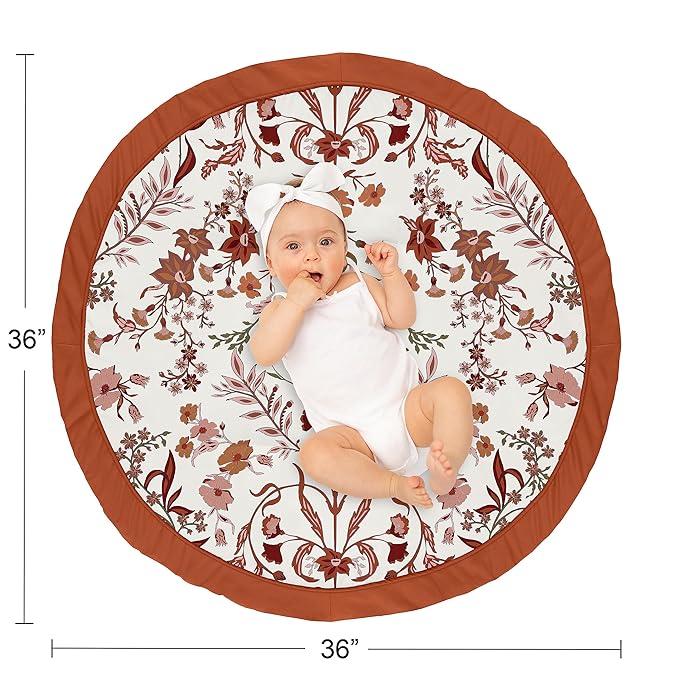 Sweet Jojo Designs Ivory and Orange Boho Vintage Floral Girl Baby Play Mat Tummy Time Activity Infant Playmat Playpen Tent Teepee Floor Bohemian Rust Leaves Botanical Flower Farmhouse Green Fringe