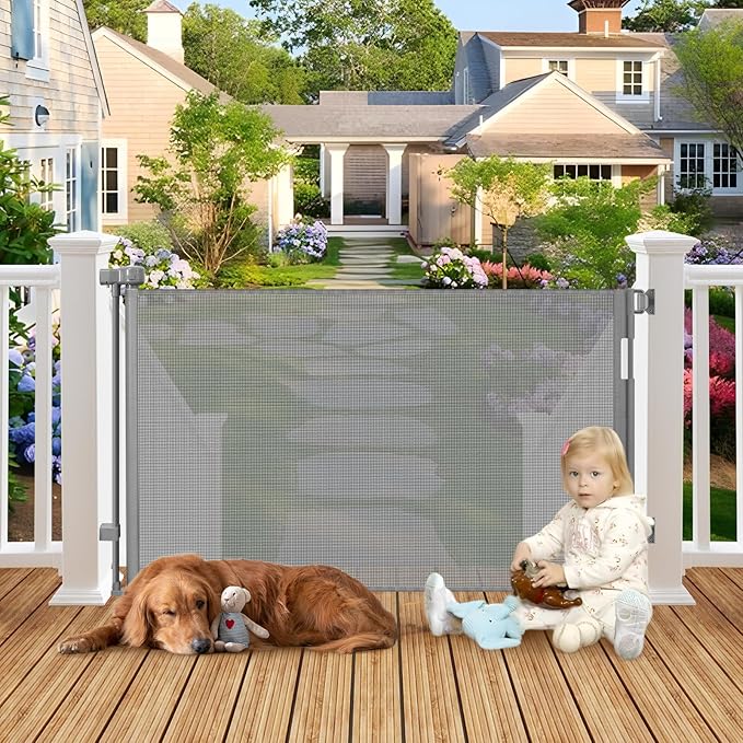 Weatherproof Outdoor Retractable Dog Gate for Deck with No Rust Stainless Steel Screws and Rods, 55" Wide Waterproof Retractable Baby Gates for Doorways, Safety Mesh Outdoor Dog Gate for Pet, Gray