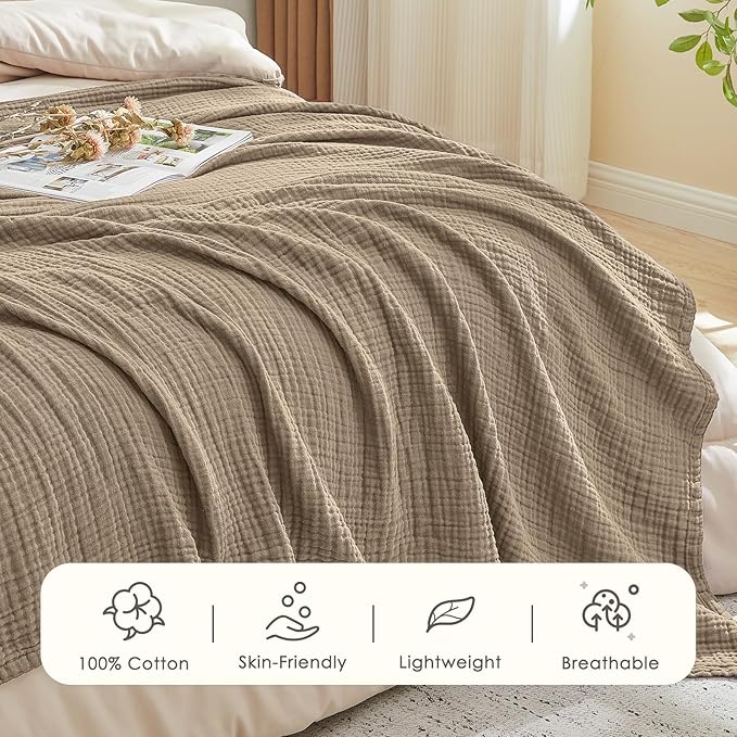 EMME Cotton Muslin Throw Blanket for Couch Breathable Gauze Soft Lightweight Blankets for Adults (Tan, 50"x60")