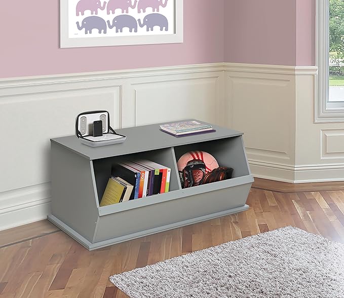 Badger Basket Two Bin Stackable Toy Storage Cubby Organizer ??Modular Storage for Toys, Books, and Crafts ??Solid Wood Panel ??Gray