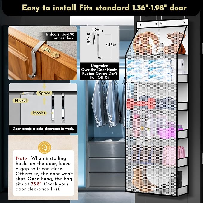 PAULONE 6-Tier Over Door Organizer 71" Tall – Hanging Storage with 2 Sizes of Large Deep Pockets (24.3" W x 8.9" D), 98 lbs Capacity, for Bedroom Closet, Bathroom, Nursery & Kitchen