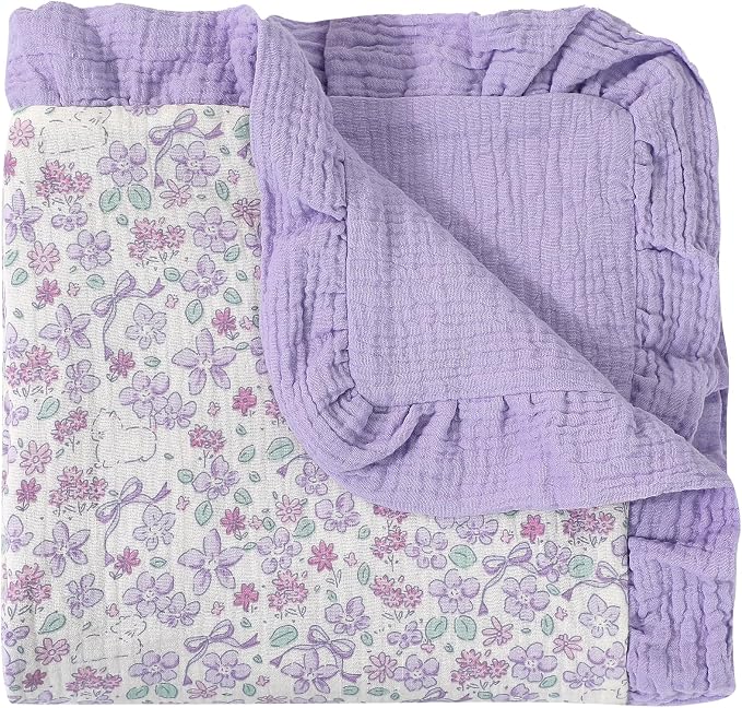 Muslin Toddler Blanket 43"x43" - 100% Cotton Super Soft Crib Blanket for Baby, Infant, Toddler & Baby Girl,Lightweight Nursing Cover & Breathable Stroller Blanket,Floral Design (Purple)