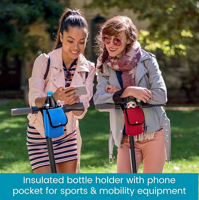 High Road Insulating Neoprene Bottle Holder and Phone Pocket - Unbreakable Cup Holder for Strollers, Scooters, Walkers and Wheelchairs (Blue)