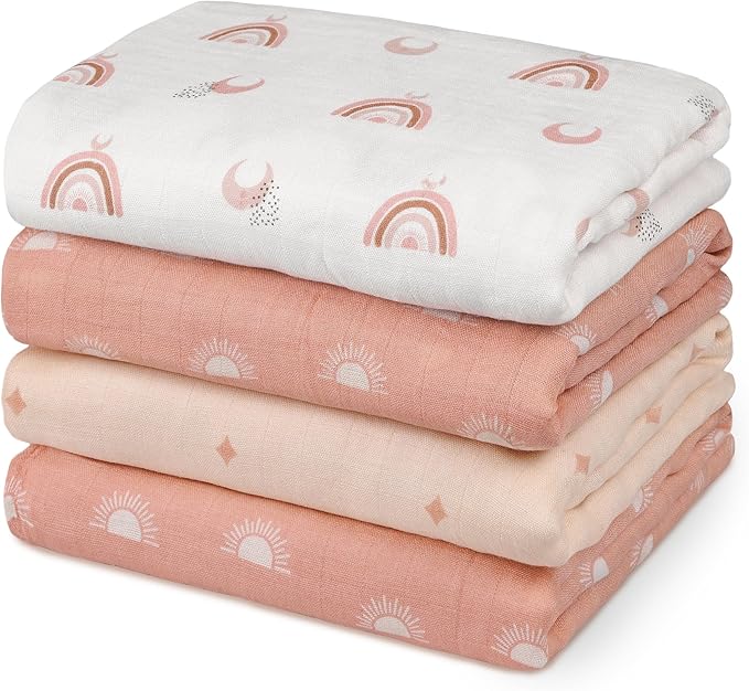 GLLQUEN BABY Muslin Swaddle Blankets 4-Pack Breathable Receiving Blankets (35" x 40") Soft Baby Blankets for Girls and Boys Newborn Essentials Muslin Burp Cloths Swaddle Wrap Baby Gift (Sun)